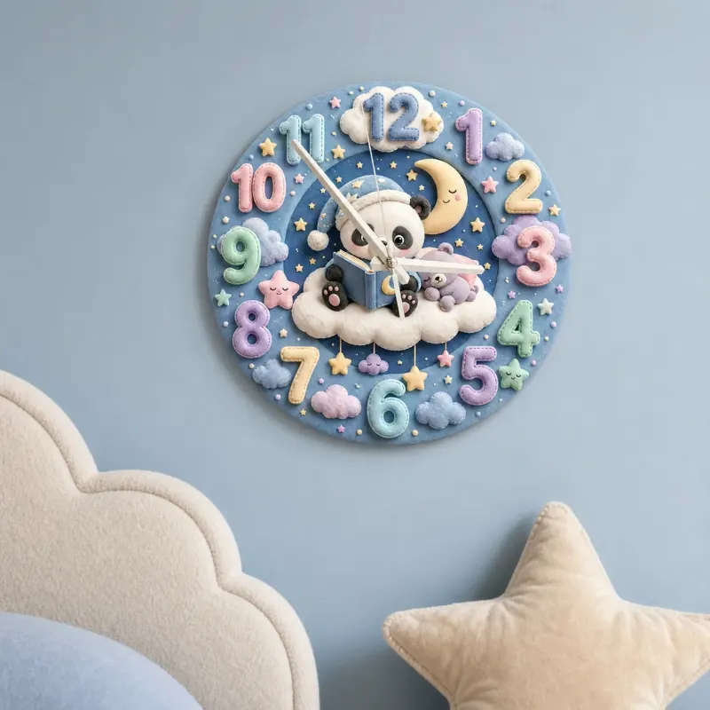 Bedtime Reading Panda Kids Room Wall Clock | Pastel Night Sky Nursery Decor, Cute Baby Shower Gift For New Parents (13.6 inch / 34.5 cm)