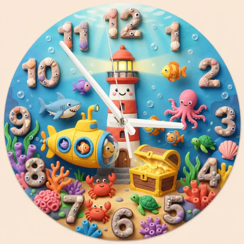 Under the Sea Ocean Animals Kids Room Wall Clock | Nautical Nursery Decor, Boys Playroom Decor, Baby Boy Shower Gift (13.6 inch / 34.5 cm)