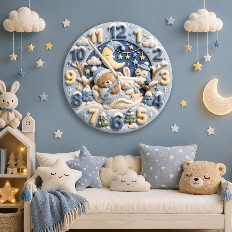 Sleepy Winter Bear & Bunny Kids Room Wall Clock | Blue Night Sky Nursery Decor, Sweet Baby Boy Shower Gift Keepsake (13.6 inch / 34.5 cm)