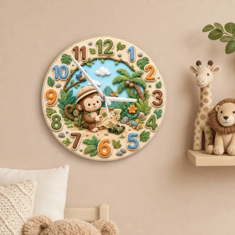 Safari Monkey Explorer Kids Room Wall Clock | Jungle Adventure Nursery Decor, Baby Shower Gift, Little Boy Keepsake (13.6 inch / 34.5 cm)