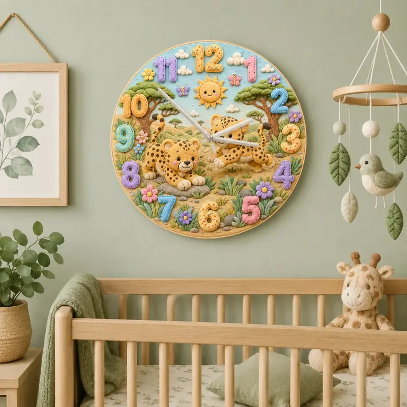 Playful Safari Cheetahs Kids Room Wall Clock | Jungle Animal Nursery Decor, Birthday Keepsake Gift For Boys & Girls (13.6 inch / 34.5 cm)
