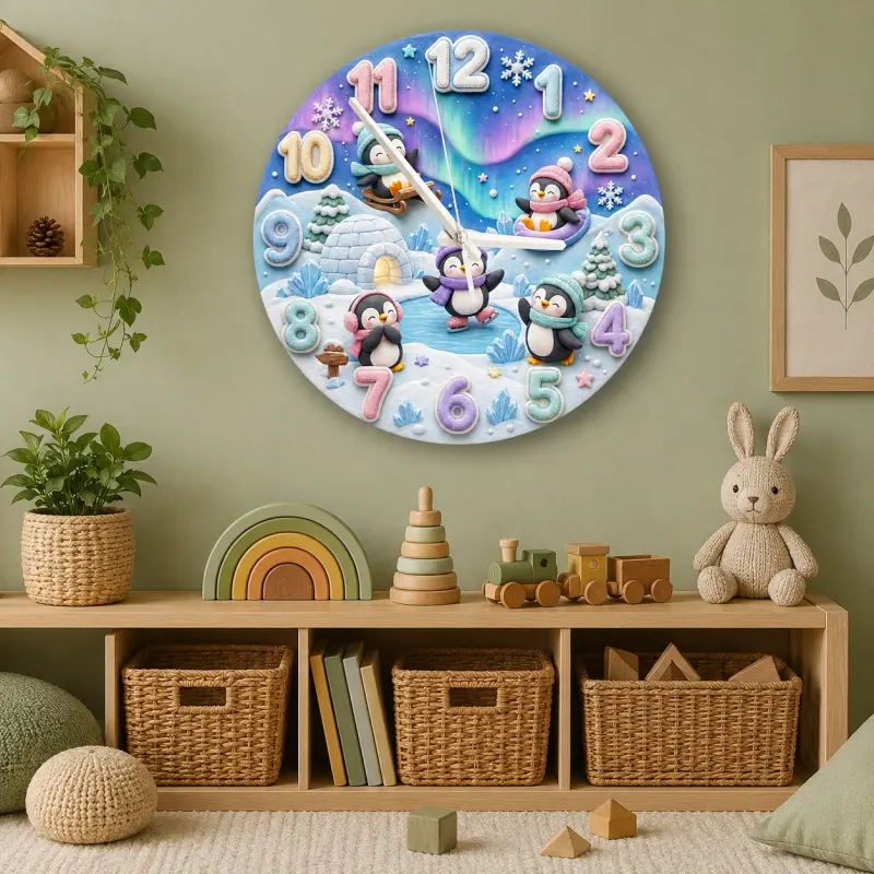 Whimsical Winter Wonderland Penguin Kids Room Wall Clock | Aurora Sky Nursery Decor, Beautiful Baby Shower Keepsake (13.6 inch / 34.5 cm)