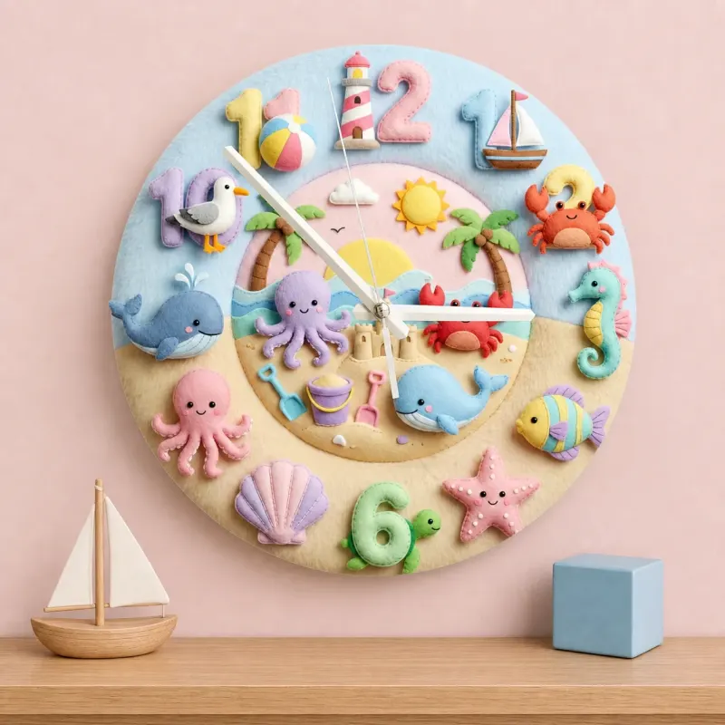 Pastel Ocean Animals Kids Room Wall Clock | Under The Sea Nursery Decor, Beach Theme Baby Shower Gift For Boy Girl (13.6 inch / 34.5 cm)
