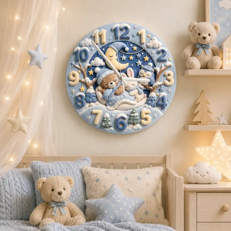 Sleepy Winter Bear & Bunny Kids Room Wall Clock | Blue Night Sky Nursery Decor, Sweet Baby Boy Shower Gift Keepsake (13.6 inch / 34.5 cm)