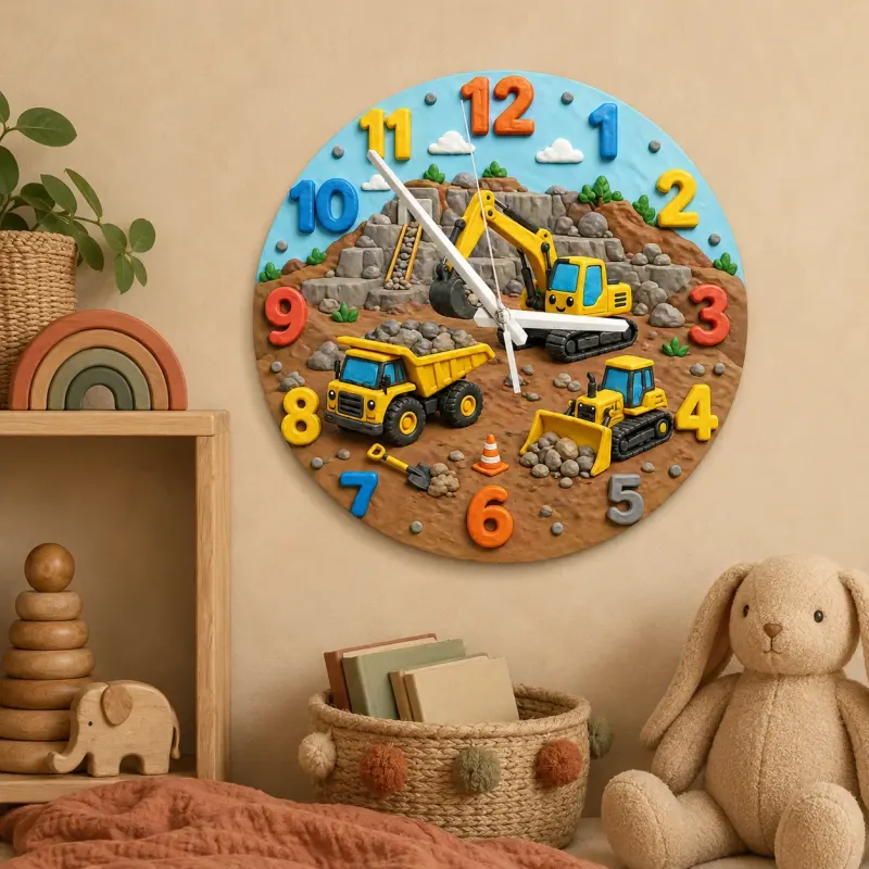 Construction Trucks Kids Room Wall Clock | Yellow Excavator Nursery Decor, Little Boy Bedroom Playroom Gift Keepsake (13.6 inch / 34.5 cm)