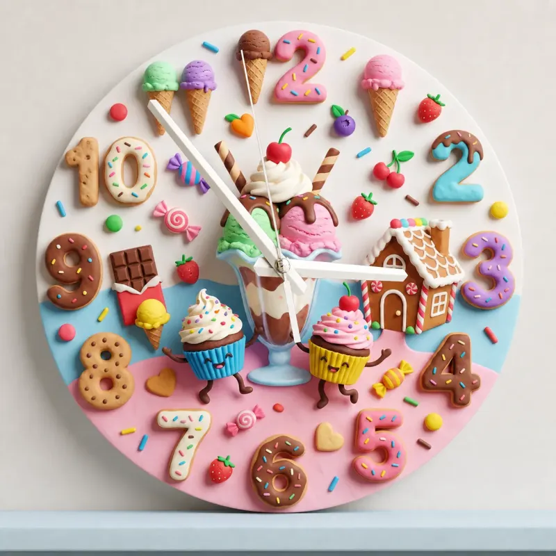 Candyland Sweet Treats Kids Room Wall Clock | Ice Cream Cupcake Nursery Decor, Little Girl Bedroom Birthday Art Gift (13.6 inch / 34.5 cm)