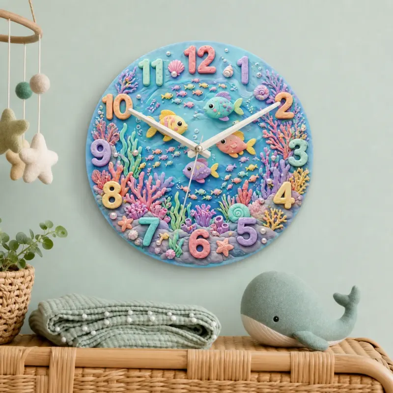 Pastel Ocean Coral Reef Kids Room Wall Clock | Under The Sea Nursery Decor, Cute Baby Girl Birthday Gift Keepsake (13.6 inch / 34.5 cm)