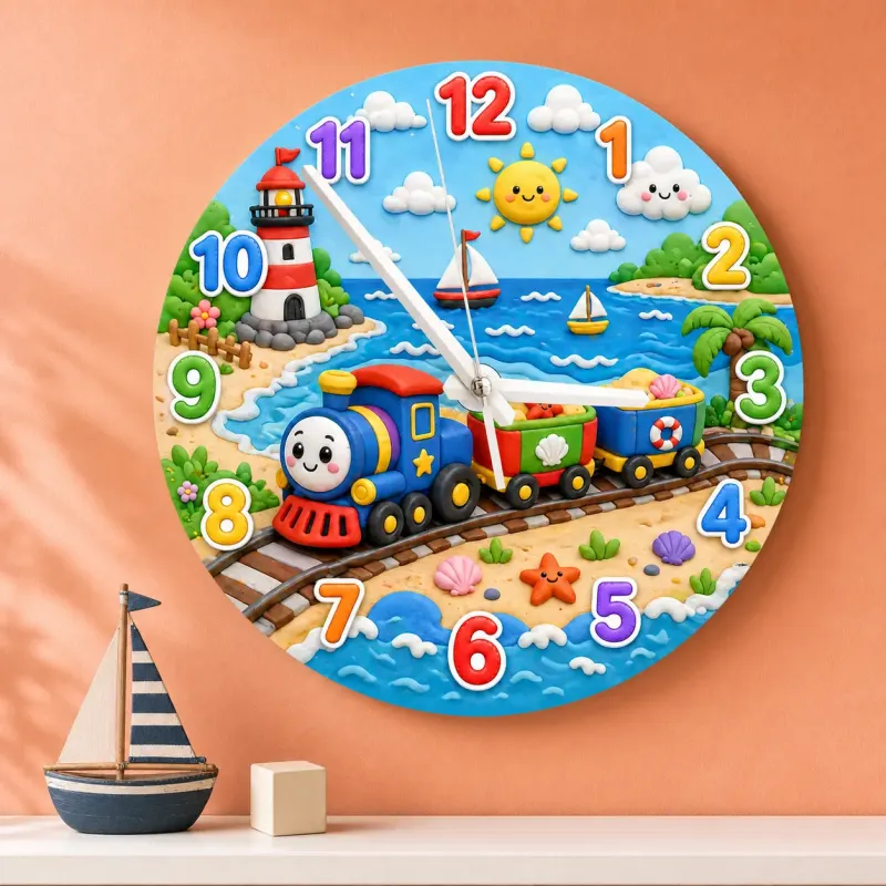 Seaside Train Adventure Kids Room Wall Clock