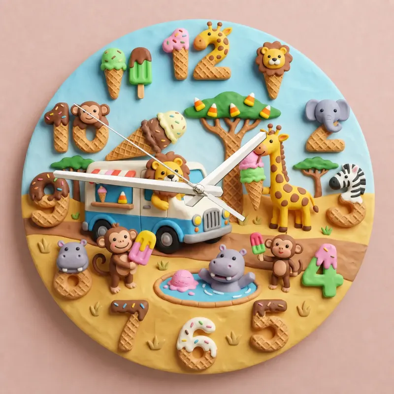 Safari Ice Cream Truck Kids Room Wall Clock | Sweet Jungle Animal Nursery Decor, Toddler Playroom Birthday Gift Art (13.6 inch / 34.5 cm)