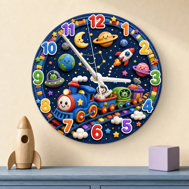 Galaxy Space Train Kids Room Wall Clock | Astronaut Nursery Decor, Little Boy Bedroom Baby Shower & Birthday Gift (13.6 inch / 34.5 cm)