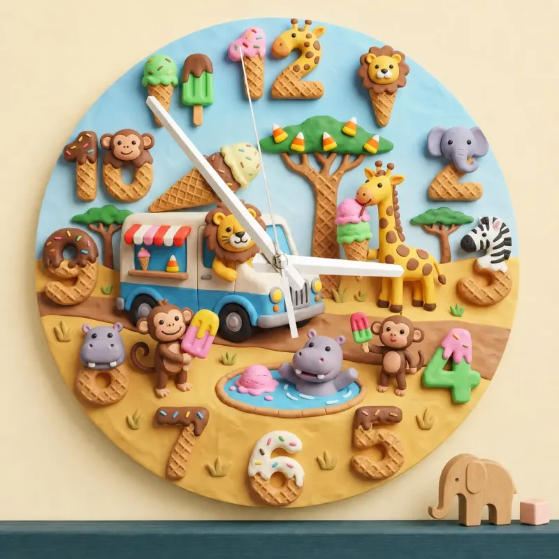 Safari Animals Ice Cream Truck Kids Room Wall Clock | Sweet Treats Nursery Decor, Baby Shower Gifts For Boys & Girls (13.6 inch / 34.5 cm)