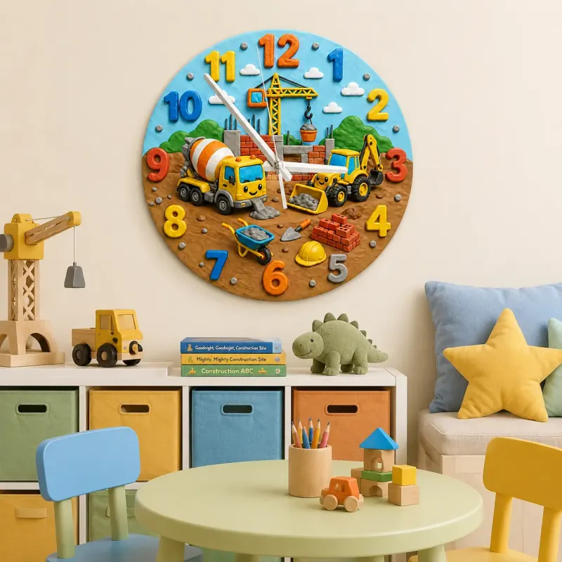 Construction Trucks Kids Room Wall Clock | Digger And Excavator Nursery Decor, Toddler Boy Playroom Birthday Present (13.6 inch / 34.5 cm)