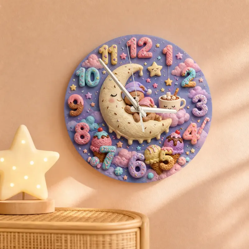 Pastel Sweet Dreams Bear Kids Room Wall Clock | Moon And Stars Whimsical Nursery Decor, Cute Baby Girl Shower Gift (13.6 inch / 34.5 cm)