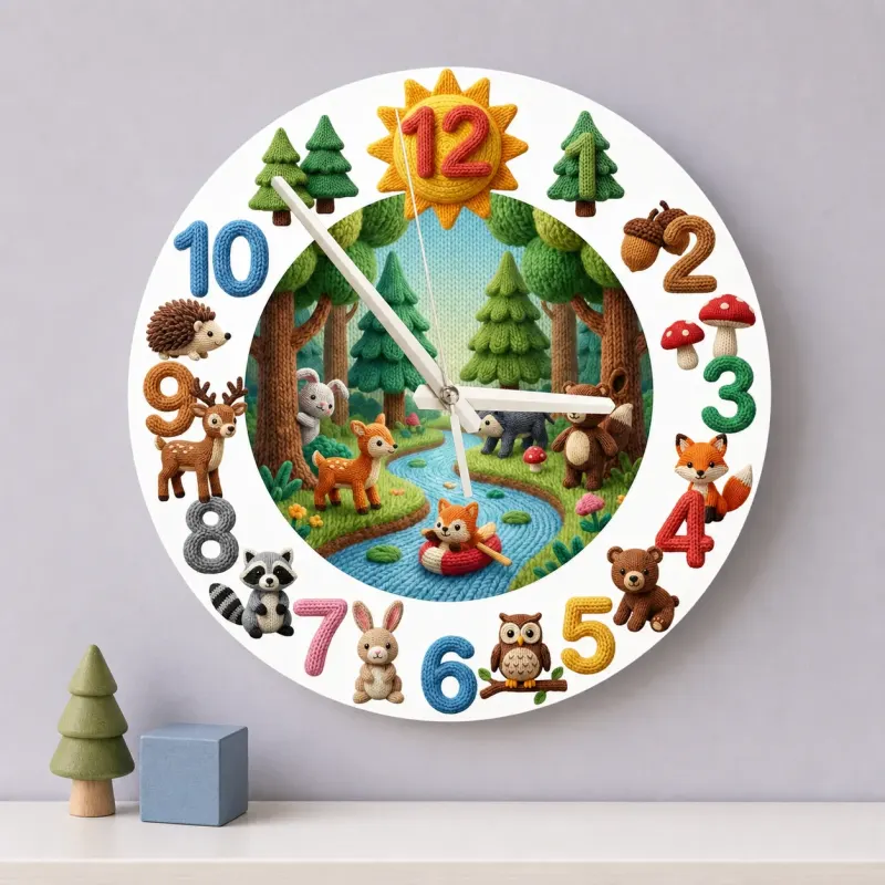 Knitted Style Woodland Forest Animals Kids Room Wall Clock | Cozy Nursery Decor, Memorable Baby Shower Gift Keepsake (13.6 inch / 34.5 cm)