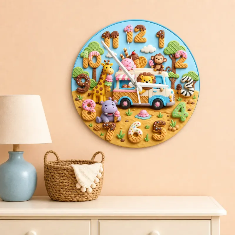 Safari Ice Cream Truck Kids Room Wall Clock | Jungle Animal Nursery Decor, Baby Boy Girl Birthday Gift (13.6 inch / 34.5 cm)