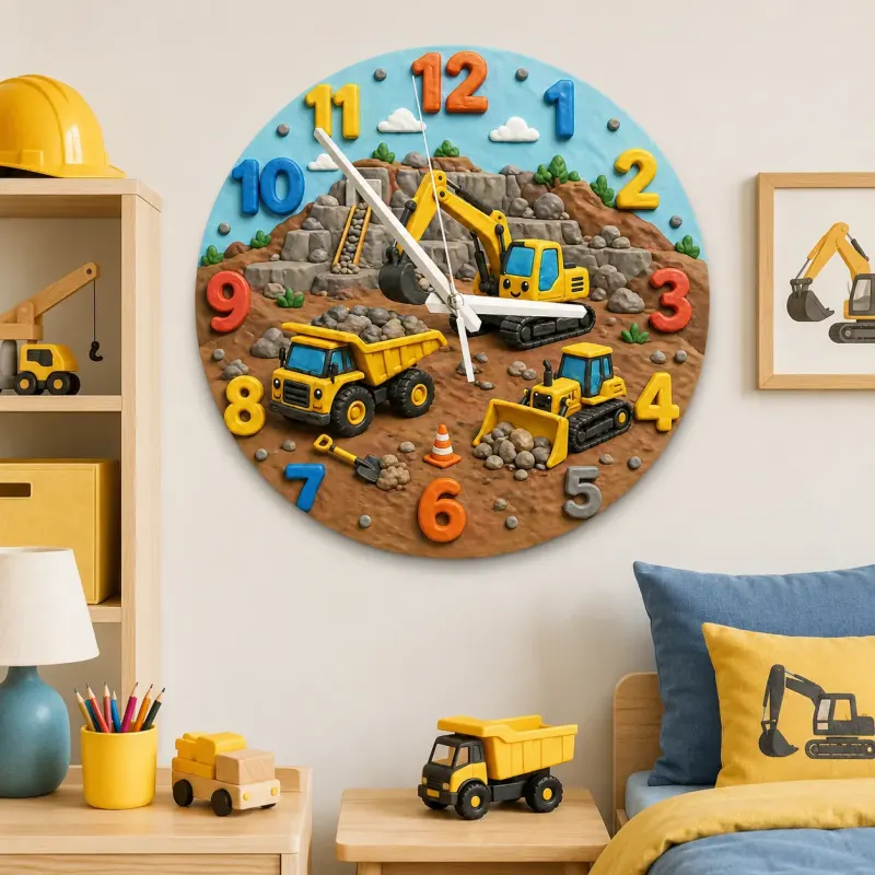 Construction Trucks Kids Room Wall Clock | Yellow Excavator Nursery Decor, Little Boy Bedroom Playroom Gift Keepsake (13.6 inch / 34.5 cm)
