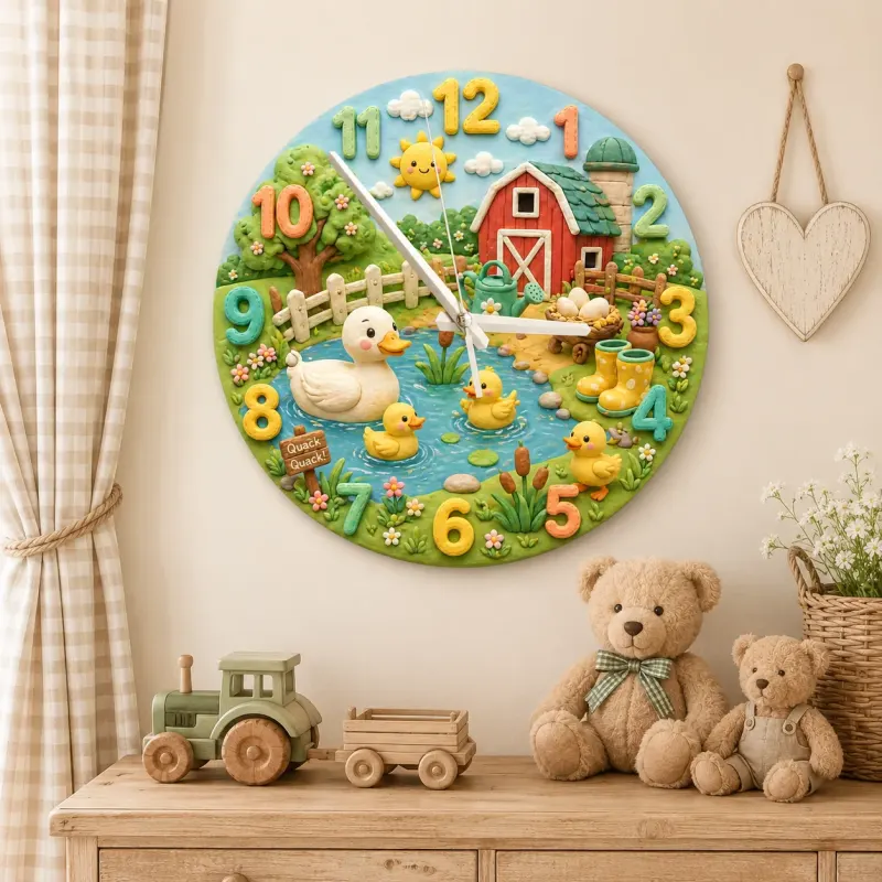 Cute Farmyard Duck Pond Kids Room Wall Clock | Whimsical Red Barn Nursery Decor, Baby Shower Gift For Boys Or Girls (13.6 inch / 34.5 cm)