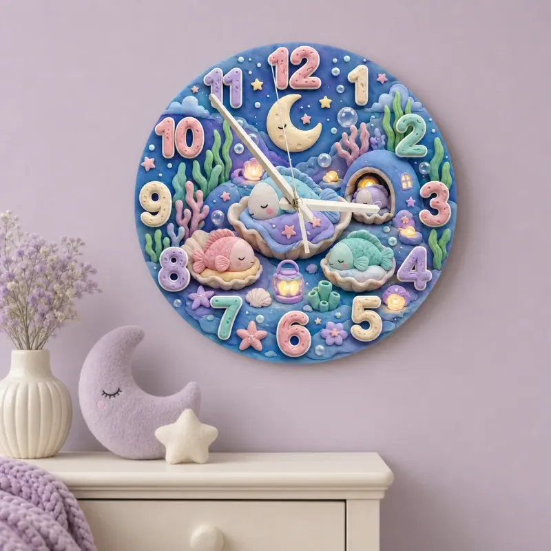 Sleeping Pastel Fish Kids Room Wall Clock | Dreamy Underwater Nursery Decor, Baby Girl Shower Gift & Room Makeover (13.6 inch / 34.5 cm)