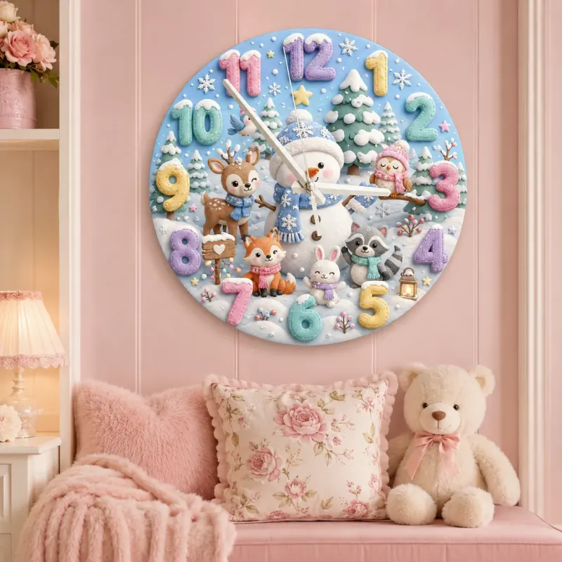 Winter Snowman & Woodland Animals Kids Room Wall Clock | Pastel Nursery Decor, Sweet Baby Shower Gift For Little Ones (13.6 inch / 34.5 cm)