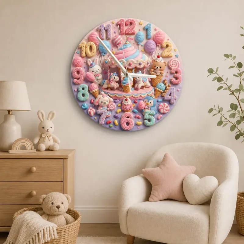 Pastel Candy Carousel Kids Room Wall Clock | Cute Animal Nursery Decor, Sweet Baby Girl Bedroom Birthday Gift Idea (13.6 inch / 34.5 cm)