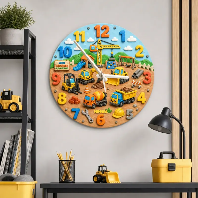 Construction Trucks Playground Kids Room Wall Clock | Boys Nursery Decor, Little Builder Toddler Birthday Gift Idea (13.6 inch / 34.5 cm)