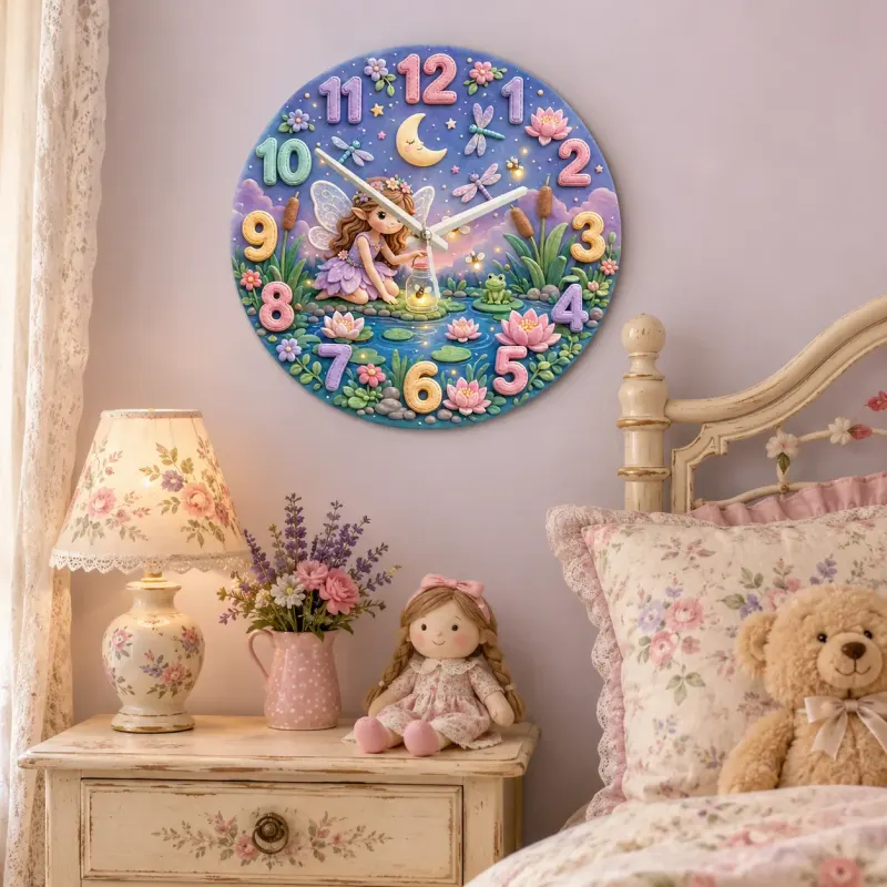 Magical Fairy Pond Kids Room Wall Clock | Enchanted Forest Nursery Decor, Whimsical Baby Girl Room Birthday Keepsake (13.6 inch / 34.5 cm)