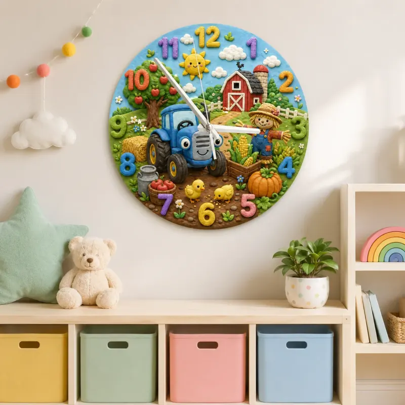 Blue Tractor Farm Kids Room Wall Clock | Barnyard Scarecrow Nursery Art Decor, Little Boy Birthday Baby Shower Gift (13.6 inch / 34.5 cm)