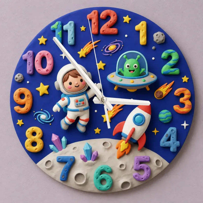 Outer Space Astronaut Kids Room Wall Clock | Alien Rocket Nursery Decor, Baby Boy Bedroom Birthday Gift Idea Keepsake (13.6 inch / 34.5 cm)
