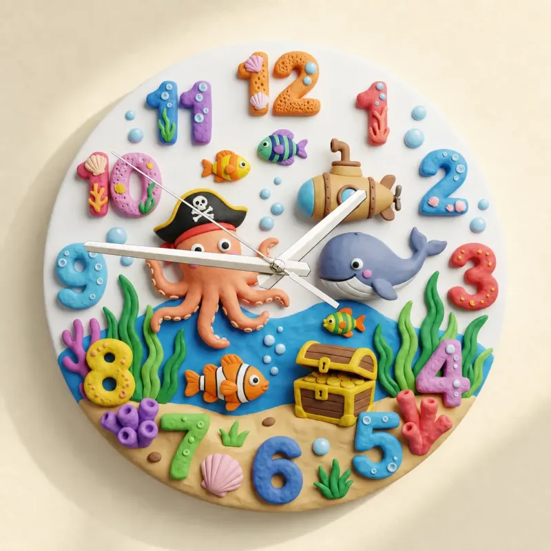 Pirate Octopus Under The Sea Kids Room Wall Clock | Ocean Theme Nursery Decor, Baby Boy Bedroom Birthday Keepsake (13.6 inch / 34.5 cm)