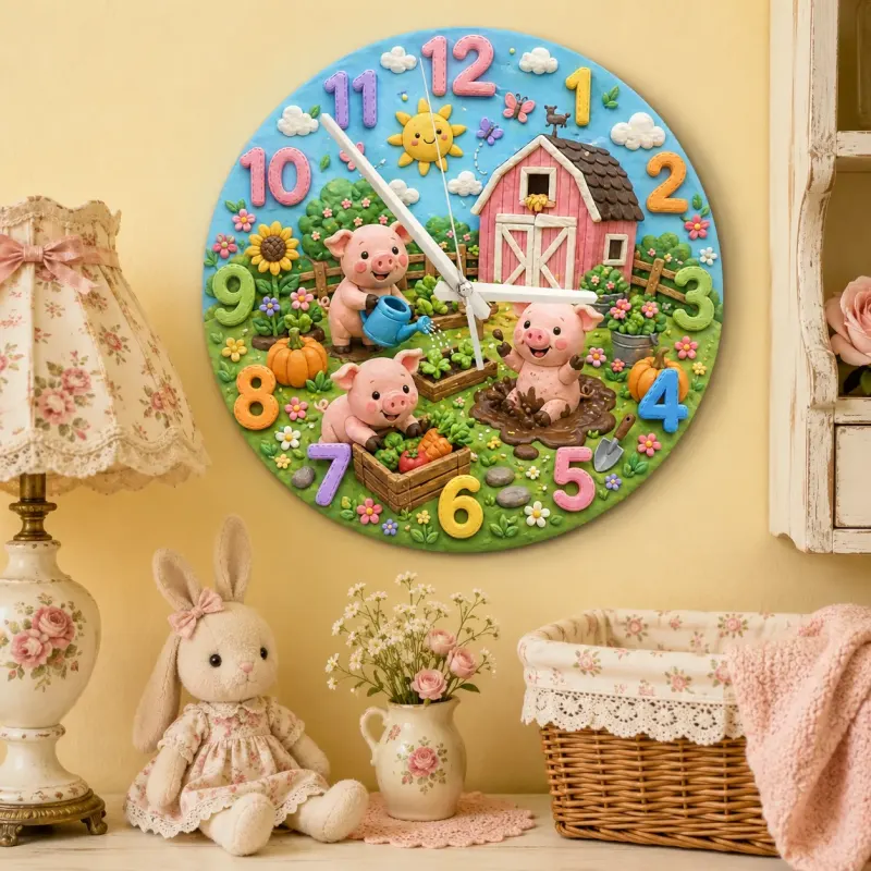 Playful Farm Pigs Kids Room Wall Clock | Barnyard Animal Nursery Decor, Baby Shower Or Birthday Gift For Boy Or Girl (13.6 inch / 34.5 cm)