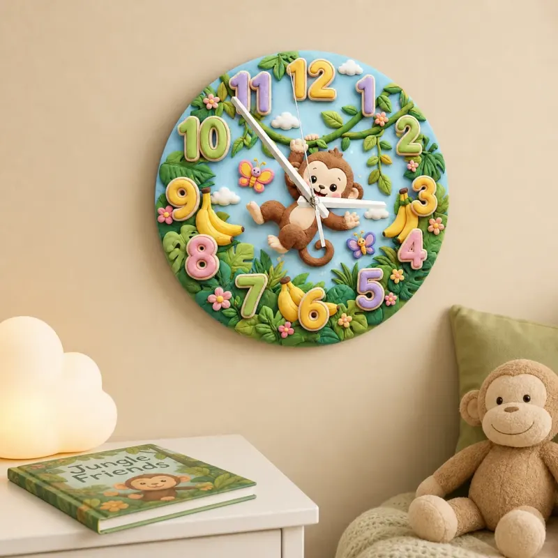 Swinging Safari Monkey Kids Room Wall Clock | Pastel Jungle Nursery Decor, Unique Baby Shower Gift For Boys Or Girls (13.6 inch / 34.5 cm)