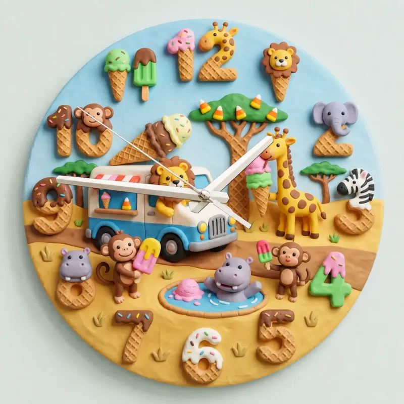 Safari Ice Cream Truck Kids Room Wall Clock | Sweet Jungle Animal Nursery Decor, Toddler Playroom Birthday Gift Art (13.6 inch / 34.5 cm)