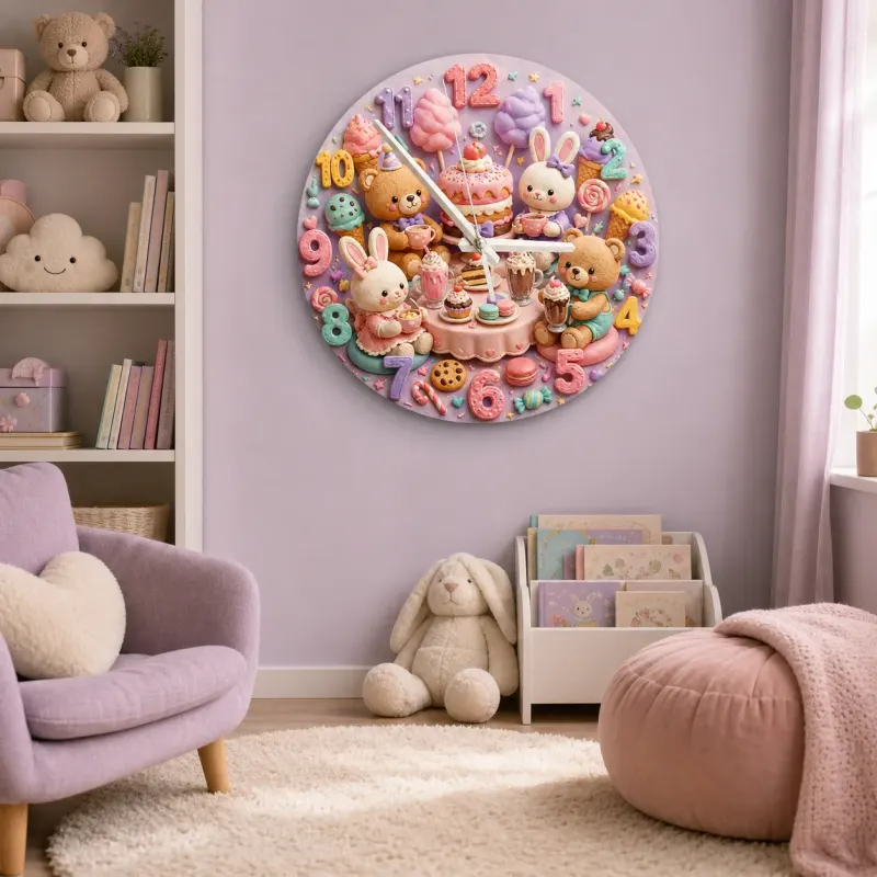 Pastel Teddy Bear & Bunny Sweet Treats Tea Party Kids Room Wall Clock | Kawaii Nursery Decor, Little Girls Room Gift (13.6 inch / 34.5 cm)