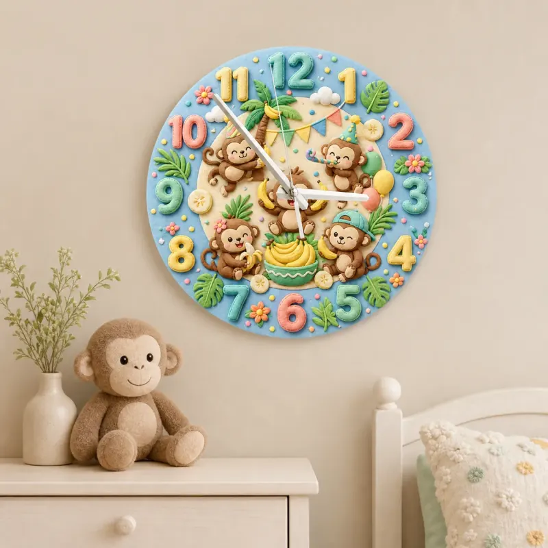 Playful Jungle Monkey Kids Room Wall Clock | Safari Nursery Decor, Cute Tropical Baby Shower Gift For Boys & Girls (13.6 inch / 34.5 cm)