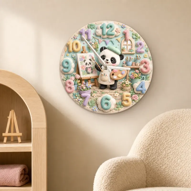 Little Painter Panda Kids Room Wall Clock | Pastel Floral Nursery Decor, Baby Girl Bedroom Birthday Gift Keepsake (13.6 inch / 34.5 cm)