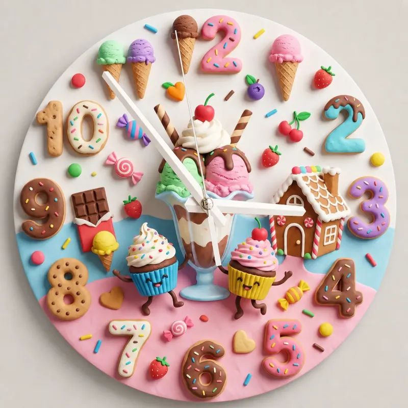 Candyland Sweet Treats Kids Room Wall Clock | Ice Cream Cupcake Nursery Decor, Little Girl Bedroom Birthday Art Gift (13.6 inch / 34.5 cm)