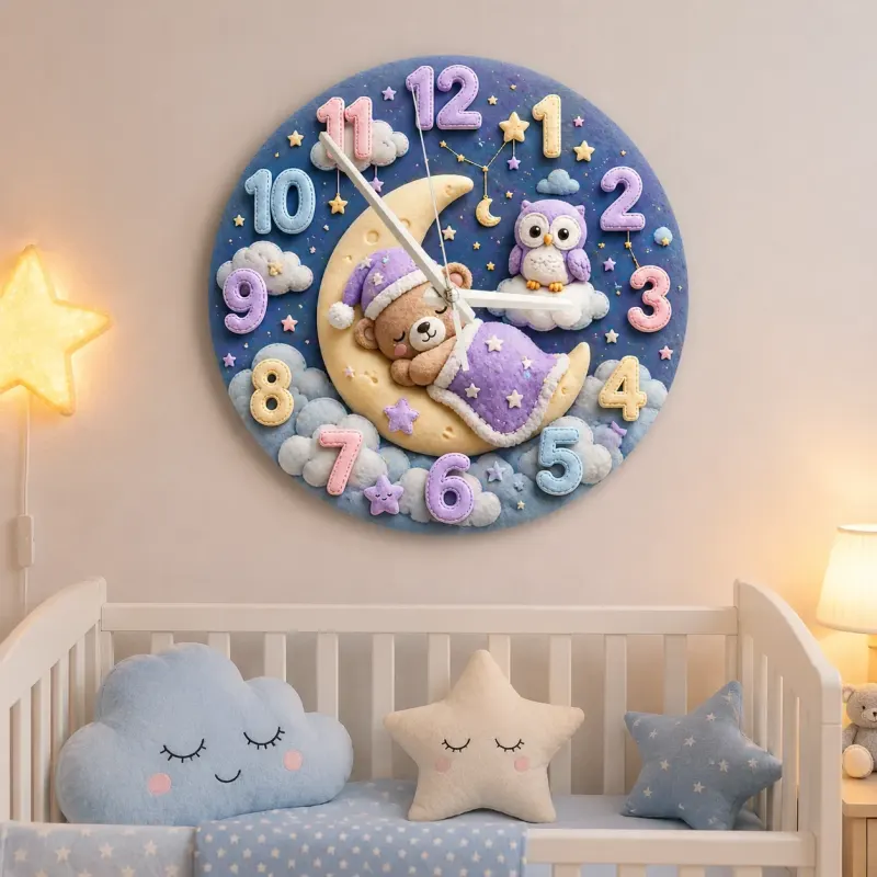 Sleeping Bear and Owl Kids Room Wall Clock | Pastel Starry Night Nursery Decor, Baby Shower Gift For Boys & Girls (13.6 inch / 34.5 cm)