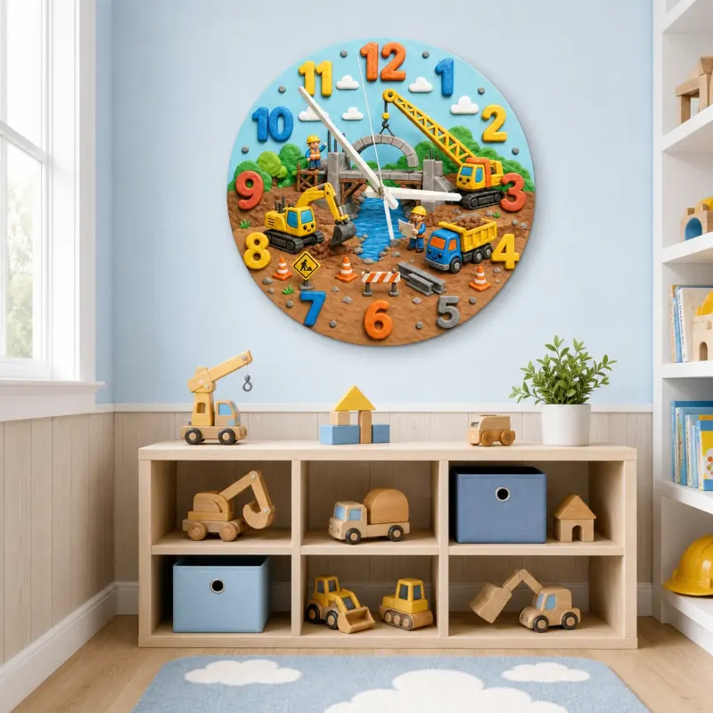 Construction Trucks Kids Room Wall Clock | Excavator Nursery Decor, Little Builder Boy Bedroom Playroom Art Keepsake (13.6 inch / 34.5 cm)