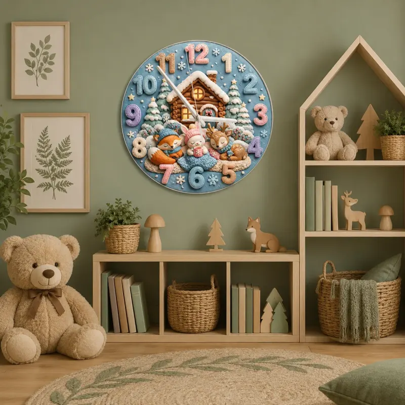 Cozy Winter Woodland Animals Kids Room Wall Clock | Snowy Cabin Nursery Decor, Baby Shower Gift For Girls And Boys (13.6 inch / 34.5 cm)