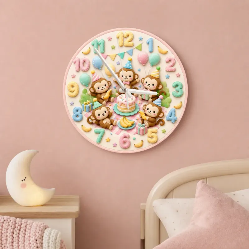 Pastel Monkey Birthday Kids Room Wall Clock | Cute Safari Animal Nursery Decor, Sweet Baby Shower Gift For Children (13.6 inch / 34.5 cm)