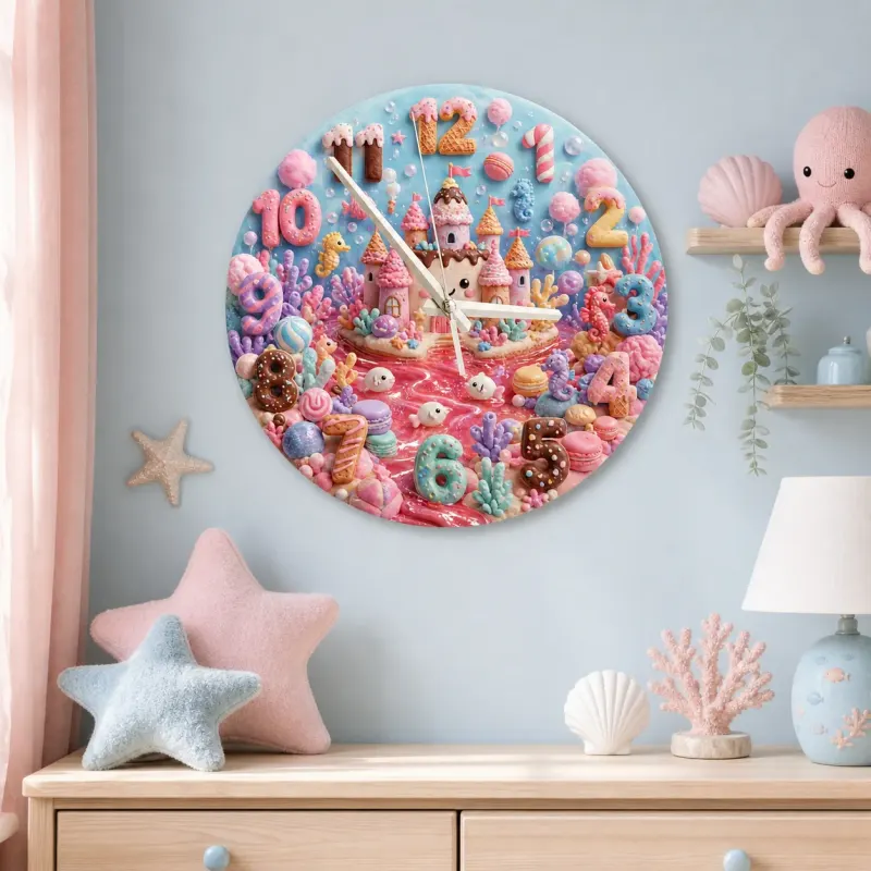 Pastel Candy Castle Kids Room Wall Clock | Sweet Ocean Fantasy Nursery Wall Decor, Little Girl Bedroom Birthday Gift (13.6 inch / 34.5 cm)