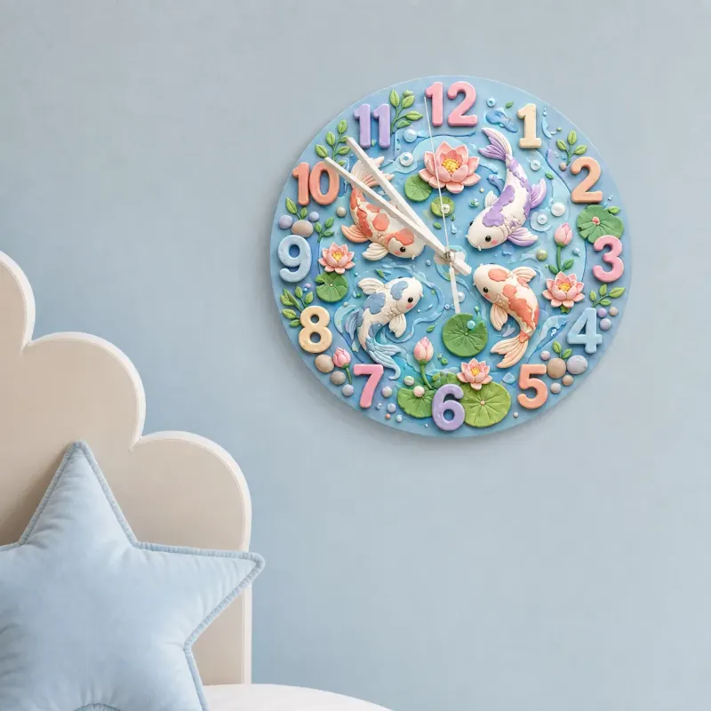 Pastel Koi Fish Pond Kids Room Wall Clock | Whimsical Lotus Flower Nursery Decor, Beautiful Baby Shower Gift Keepsake (13.6 inch / 34.5 cm)