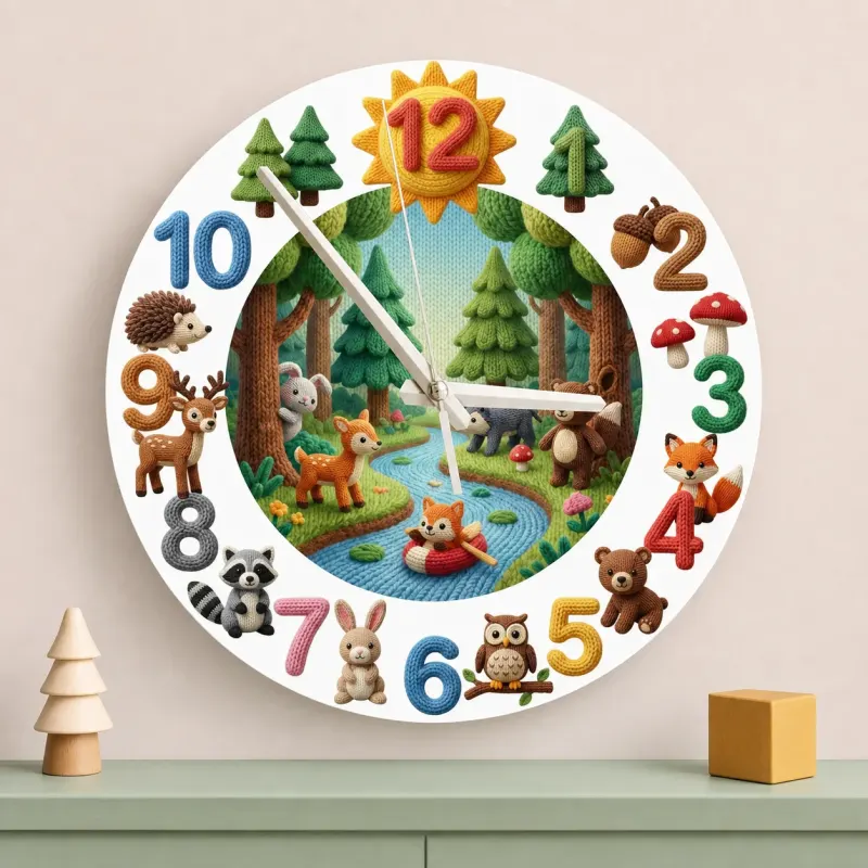 Knitted Style Woodland Forest Animals Kids Room Wall Clock | Cozy Nursery Decor, Memorable Baby Shower Gift Keepsake (13.6 inch / 34.5 cm)