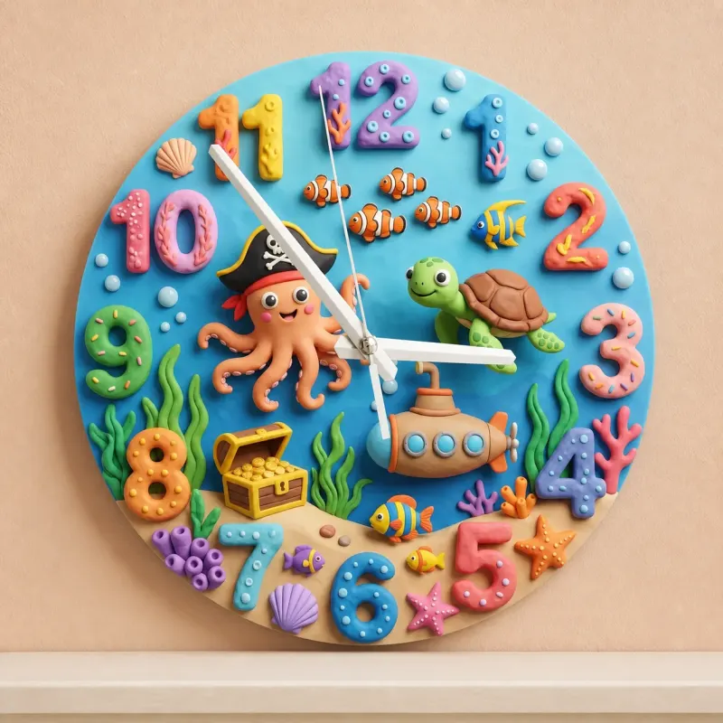 Pirate Octopus Ocean Kids Room Wall Clock | Under The Sea Nursery Decor, Little Boy's Room Birthday Gift & Keepsake (13.6 inch / 34.5 cm)