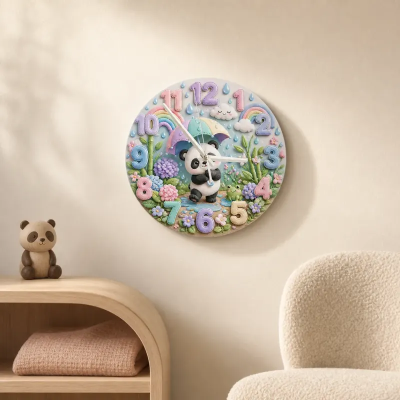 Whimsical Pastel Panda Kids Room Wall Clock | Rainbow Umbrella Nursery Decor, Cute Baby Girl Shower Gift Keepsake (13.6 inch / 34.5 cm)