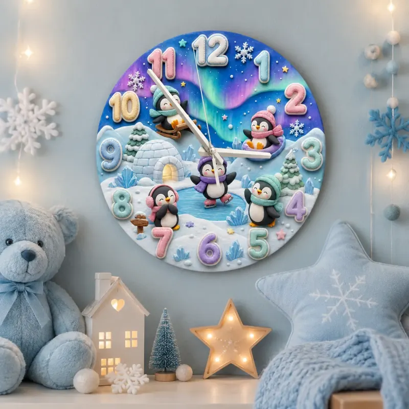 Whimsical Winter Wonderland Penguin Kids Room Wall Clock | Aurora Sky Nursery Decor, Beautiful Baby Shower Keepsake (13.6 inch / 34.5 cm)