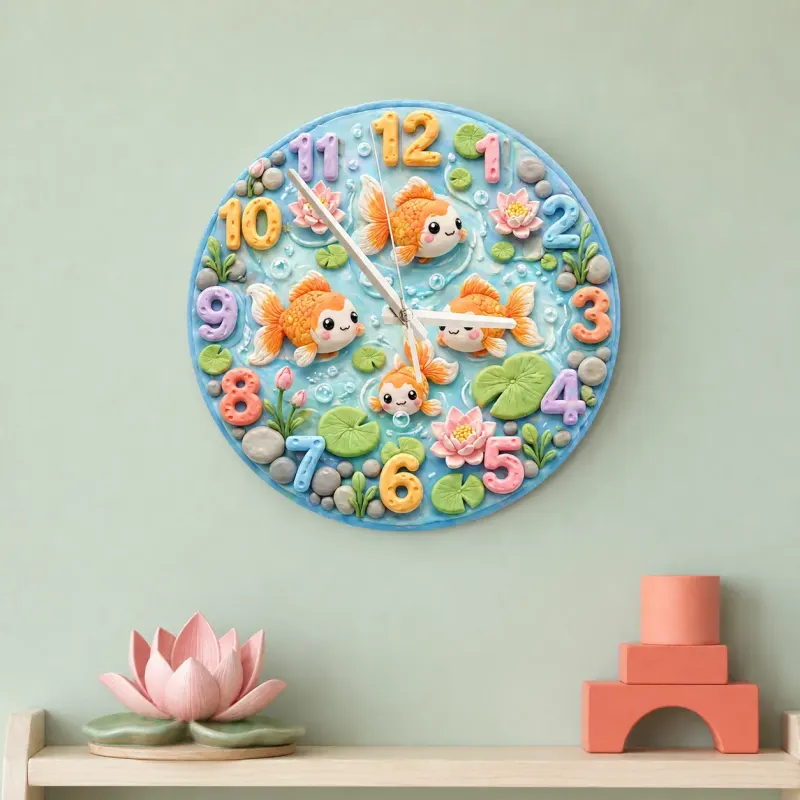 Whimsical Goldfish Pond Kids Room Wall Clock | Pastel Lotus Flower Nursery Home Decor, Sweet Newborn Baby Shower Gift (13.6 inch / 34.5 cm)