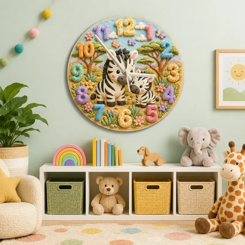 Sweet Mother & Baby Zebra Kids Room Wall Clock | Safari Animal Nursery Decor, Beautiful New Baby Shower Gift Keepsake (13.6 inch / 34.5 cm)