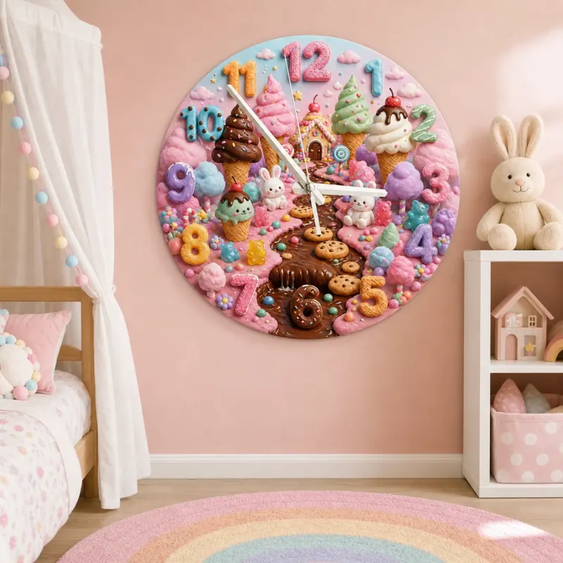 Magical Candyland Ice Cream Kids Room Wall Clock | Sweet Treats Nursery Decor, Whimsical Girl Bedroom Decor Keepsake (13.6 inch / 34.5 cm)