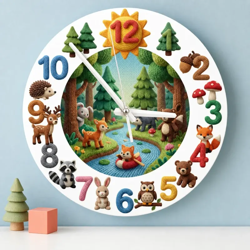 Knitted Style Woodland Forest Animals Kids Room Wall Clock | Cozy Nursery Decor, Memorable Baby Shower Gift Keepsake (13.6 inch / 34.5 cm)